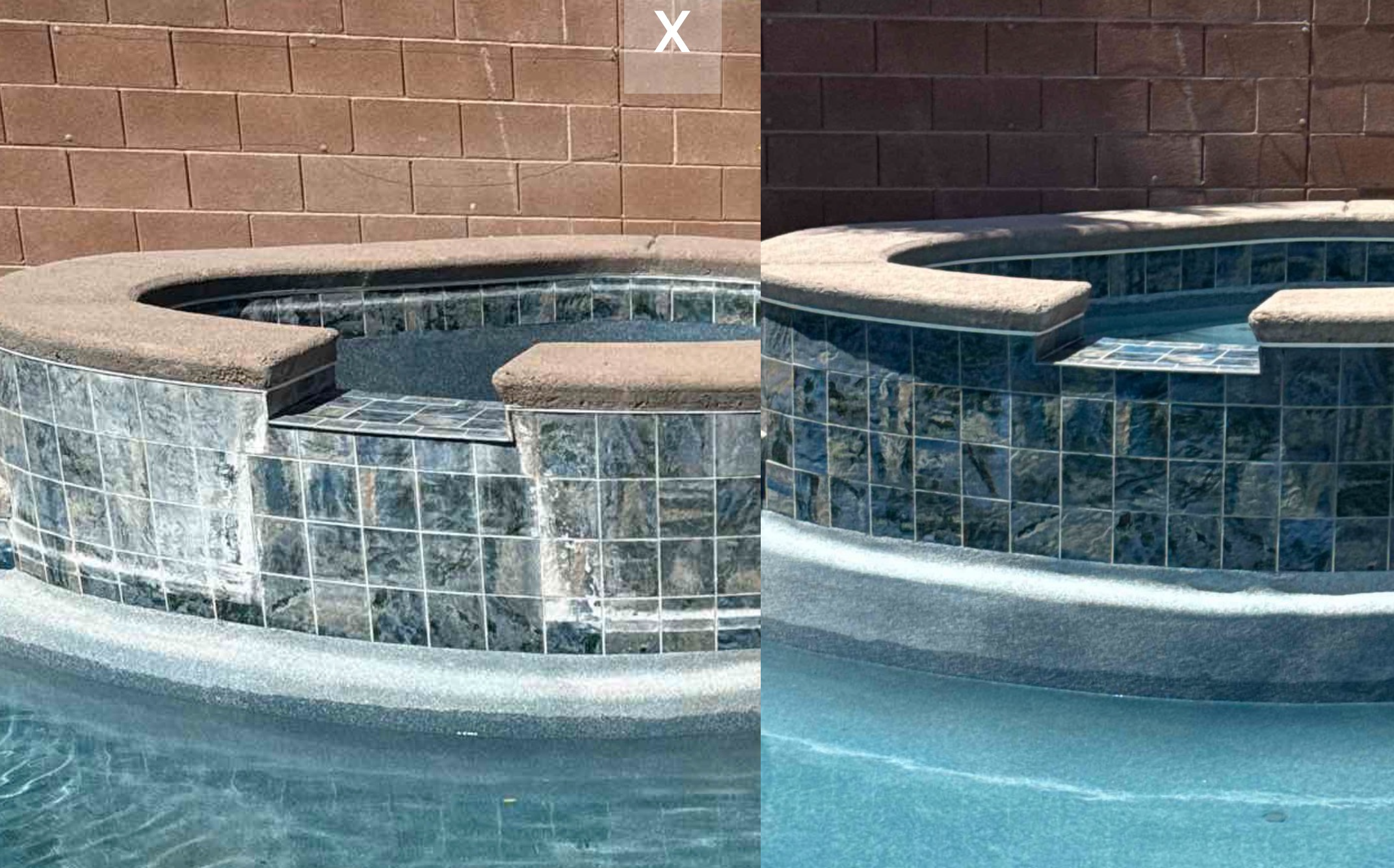 Before and after bead blasting round spa tile — white calcium scale removed from dark grey tile surround, Las Vegas, Power Play Pool Solutions