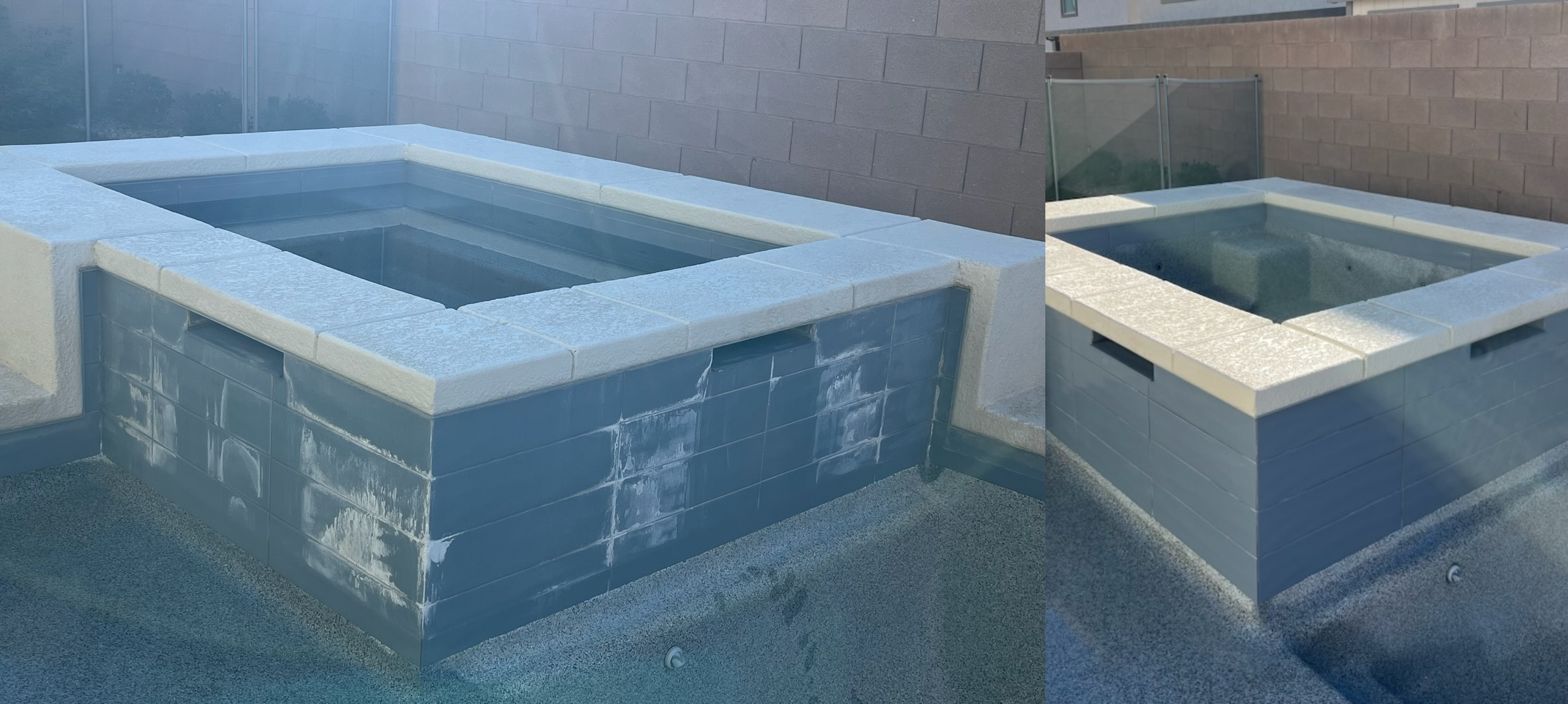 Before and after bead blasting pool spa surround tile — heavy calcium deposits removed from grey tile, Las Vegas, Power Play Pool Solutions