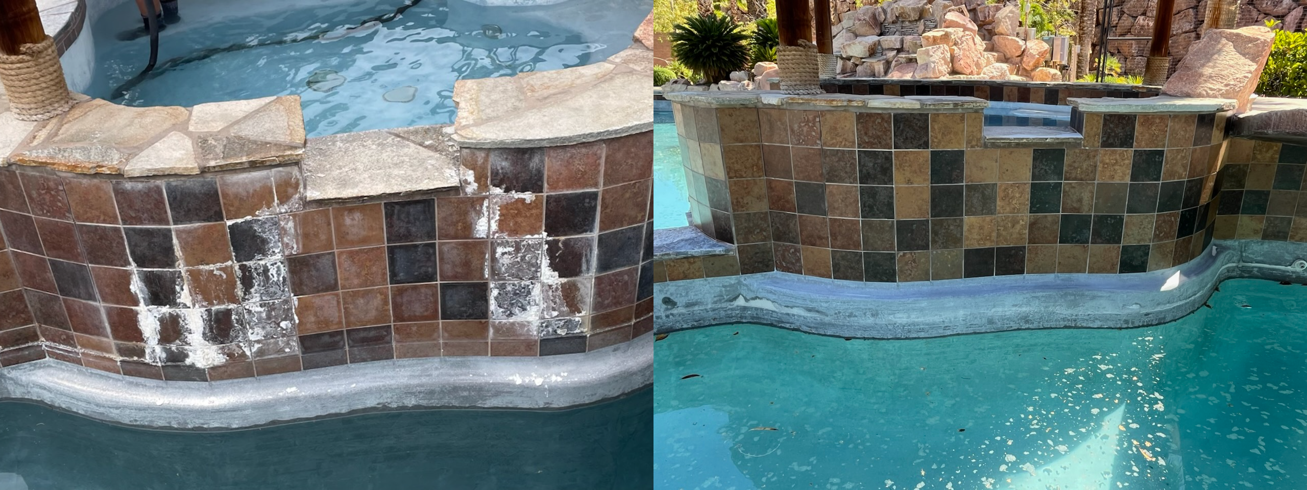Before and after bead blasting pool tile — calcium scale removed from terracotta style tile at spa spillover, Las Vegas, Power Play Pool Solutions