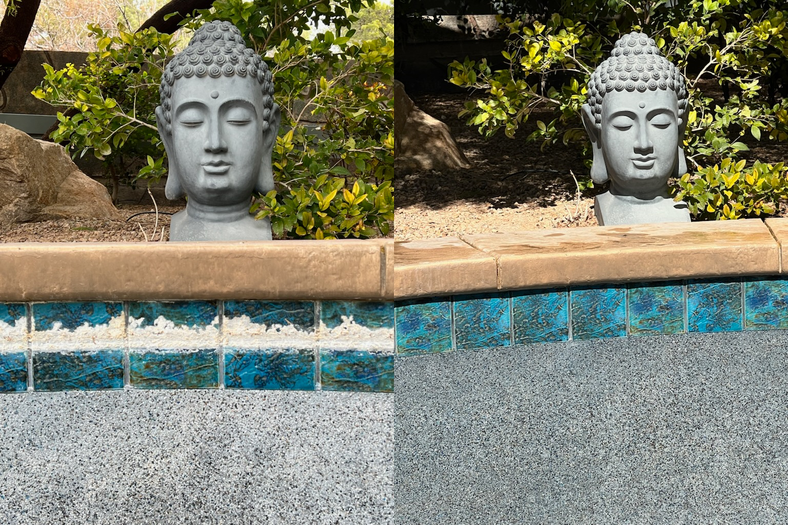 Before and after bead blasting pool tile — heavy white calcium scale removed from blue glass tile at waterline, Las Vegas pool, Power Play Pool Solutions